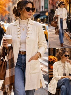 NEW NOEN Wool Blend Ruffle Front Cardigan Jacket Ivory Cream Quiet Luxury